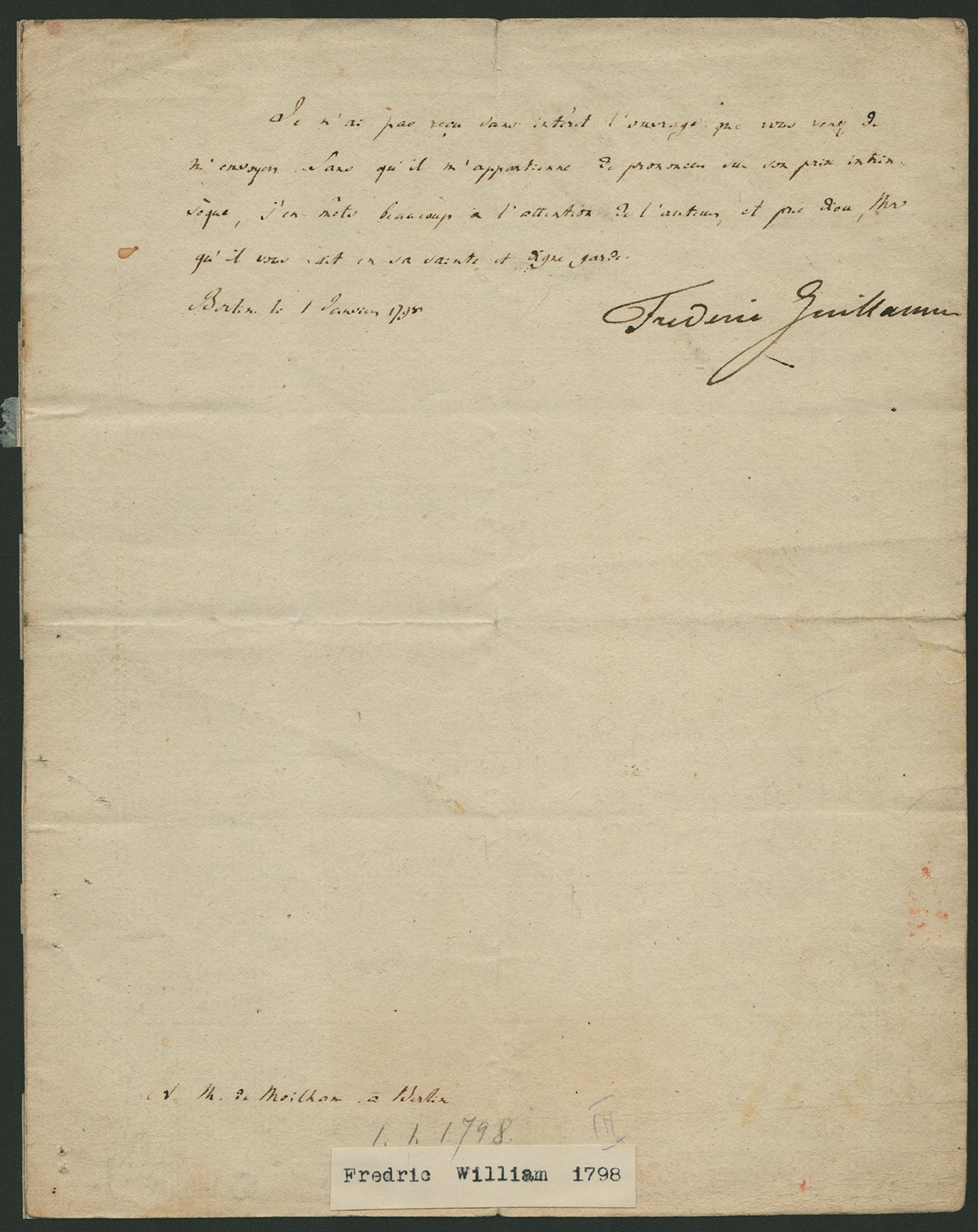 KING FREDERICK WILLIAM III - AUTOGRAPH LETTER SIGNED 1798 KING FREDERICK WILLIAM III - AUTOGRAPH LETTER SIGNED 1798